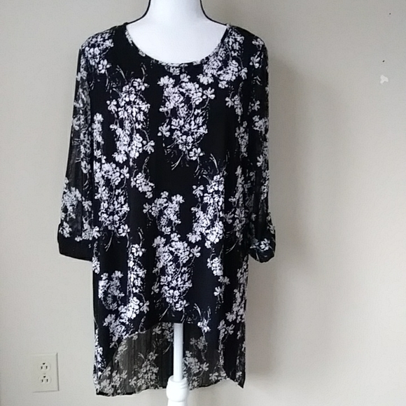 Roz & Ali Floral High Low Tunic Top L Black White - Picture 1 of 16